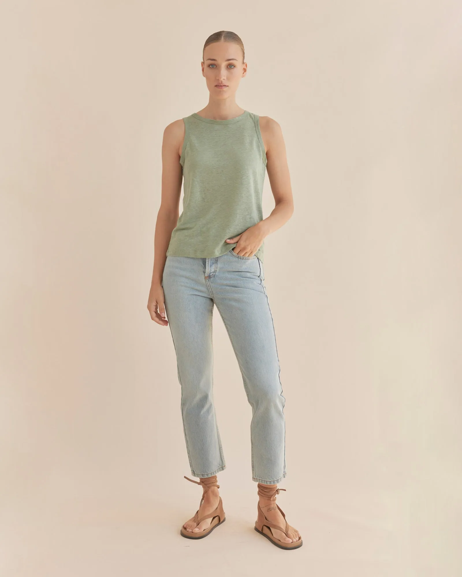 Aceline Linen Jersey Tank - Green Tea