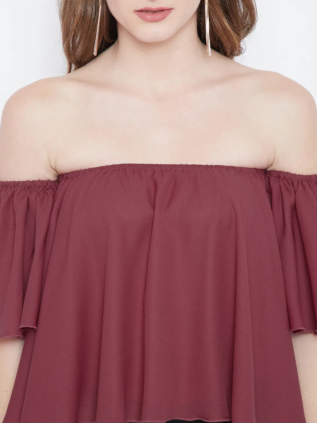 Berrylush Women Solid Mauve Off-Shoulder Neck Ruffled Crop Bardot Top
