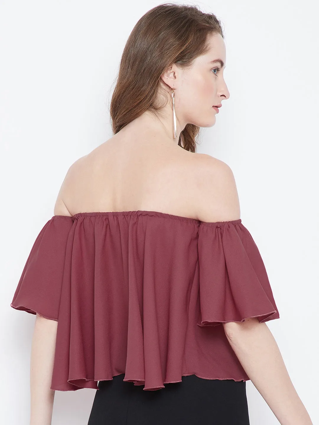 Berrylush Women Solid Mauve Off-Shoulder Neck Ruffled Crop Bardot Top