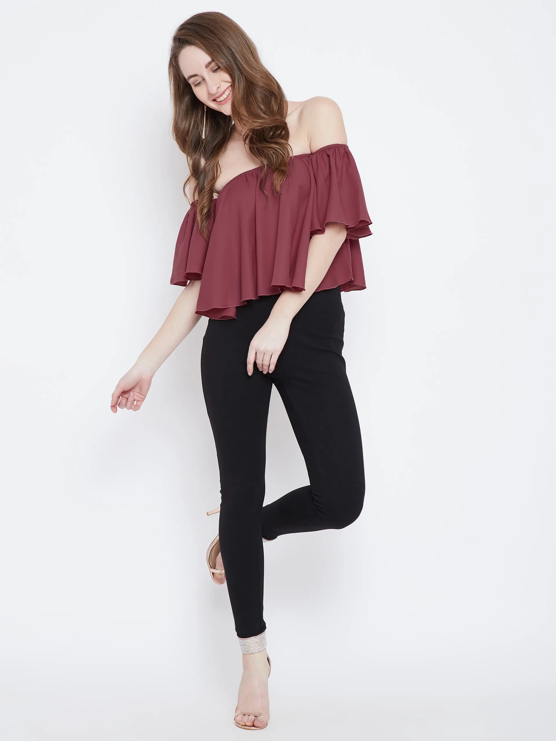 Berrylush Women Solid Mauve Off-Shoulder Neck Ruffled Crop Bardot Top
