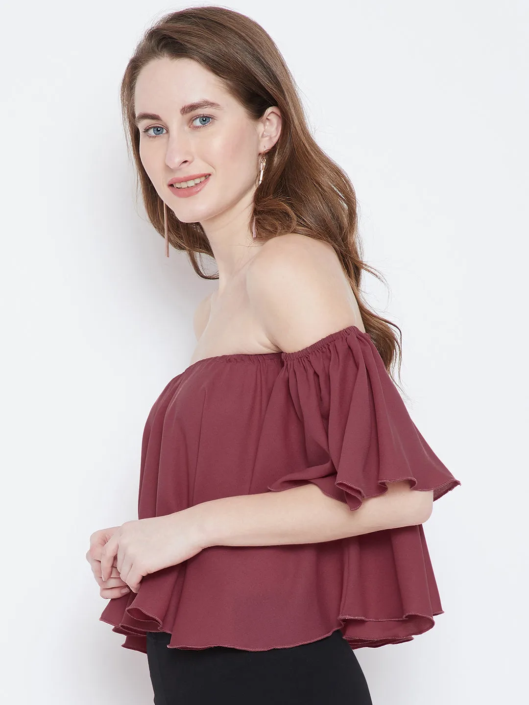 Berrylush Women Solid Mauve Off-Shoulder Neck Ruffled Crop Bardot Top