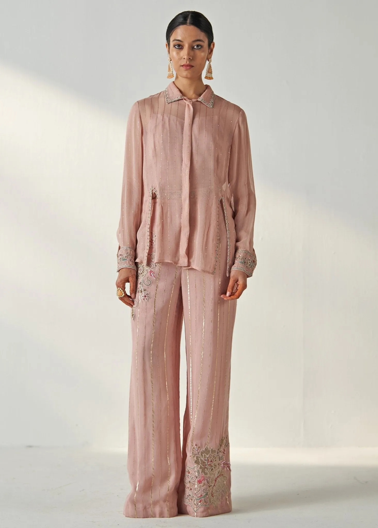 Blush Pink Embroidered Shirt And Pant Set