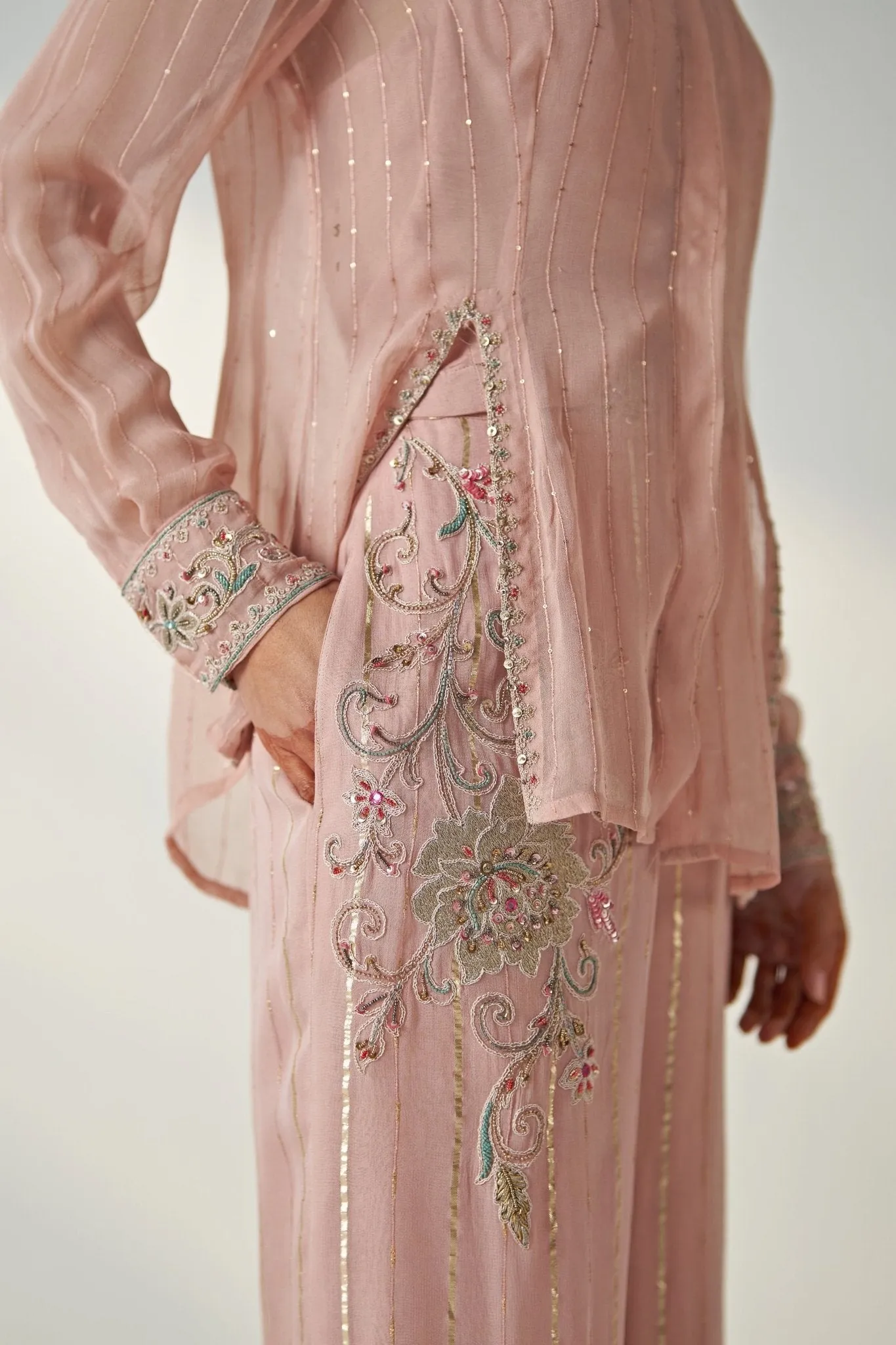 Blush Pink Embroidered Shirt And Pant Set