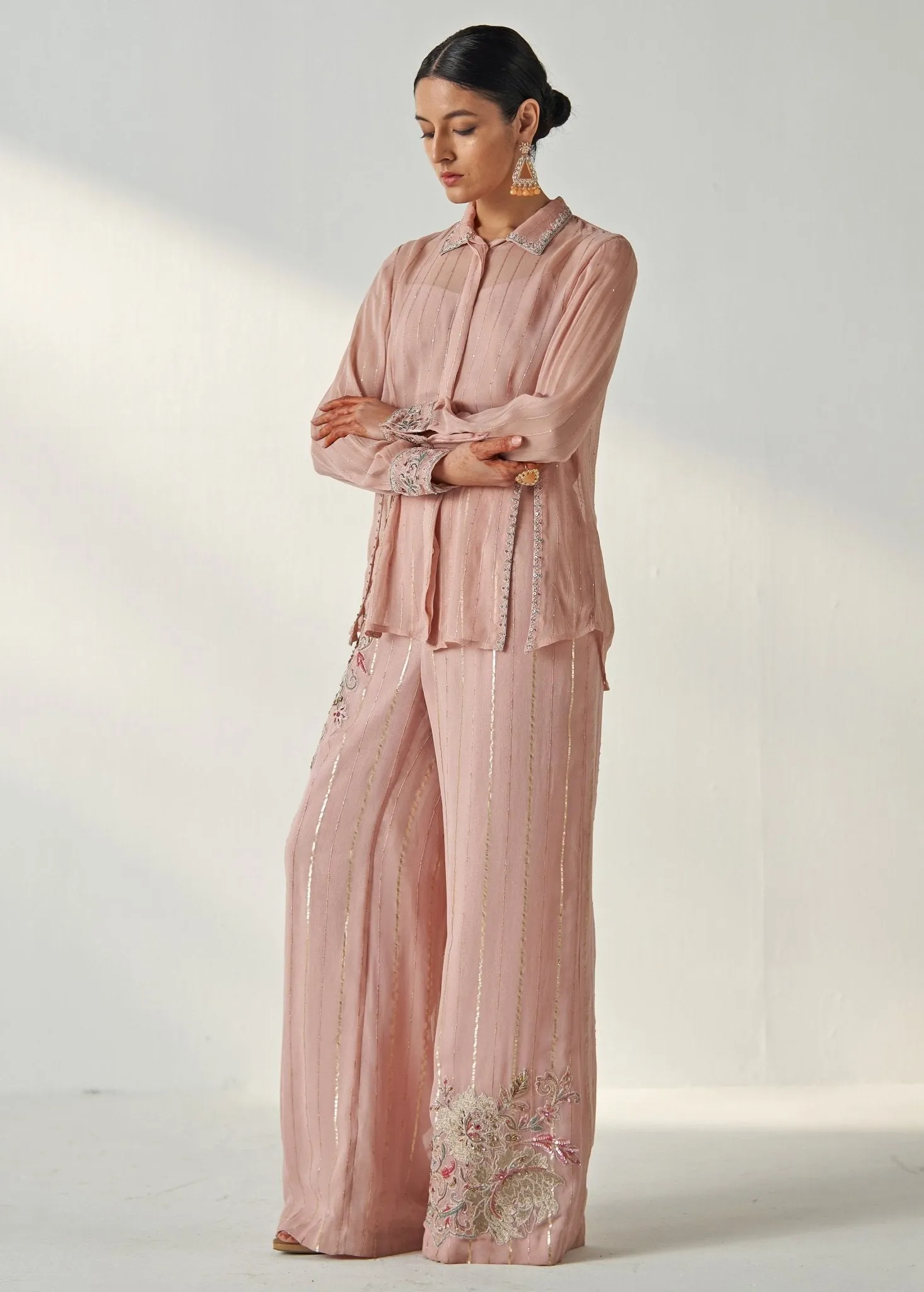 Blush Pink Embroidered Shirt And Pant Set