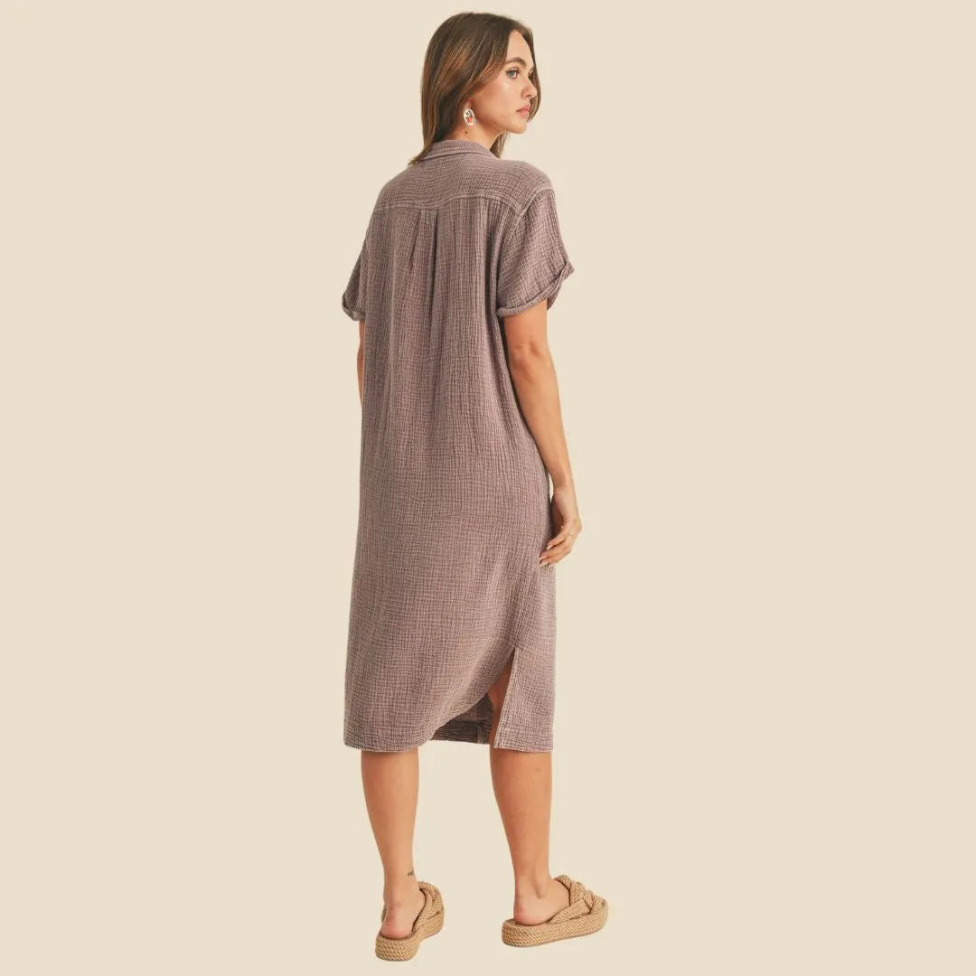 Buttondown Dye and Wash Gauze Shirt Dress (Eggplant)
