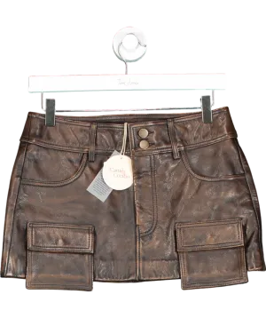 Camila Coelho Distressed Brown Real Leather Billy Mini Skirt UK XS
