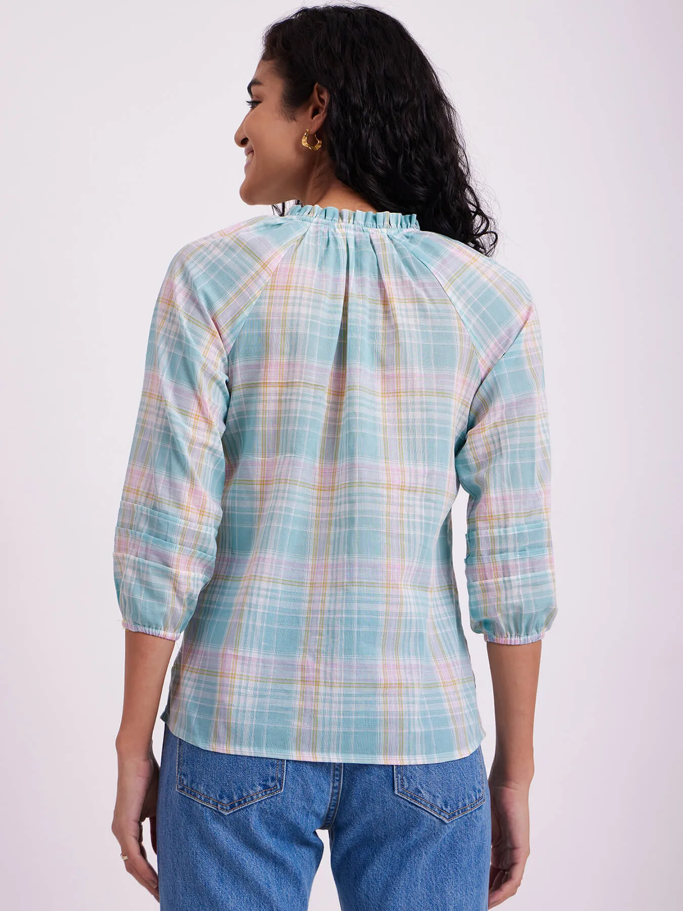 Cotton Checked Ruffle Top - White