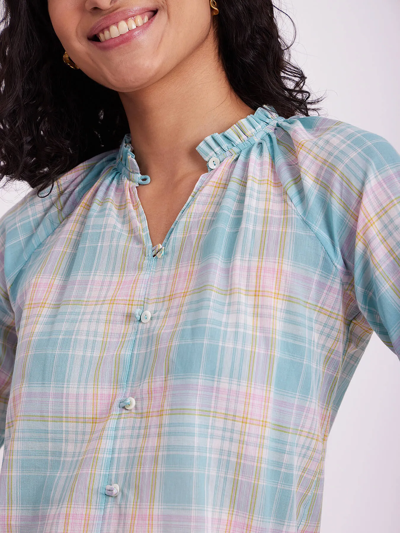 Cotton Checked Ruffle Top - White