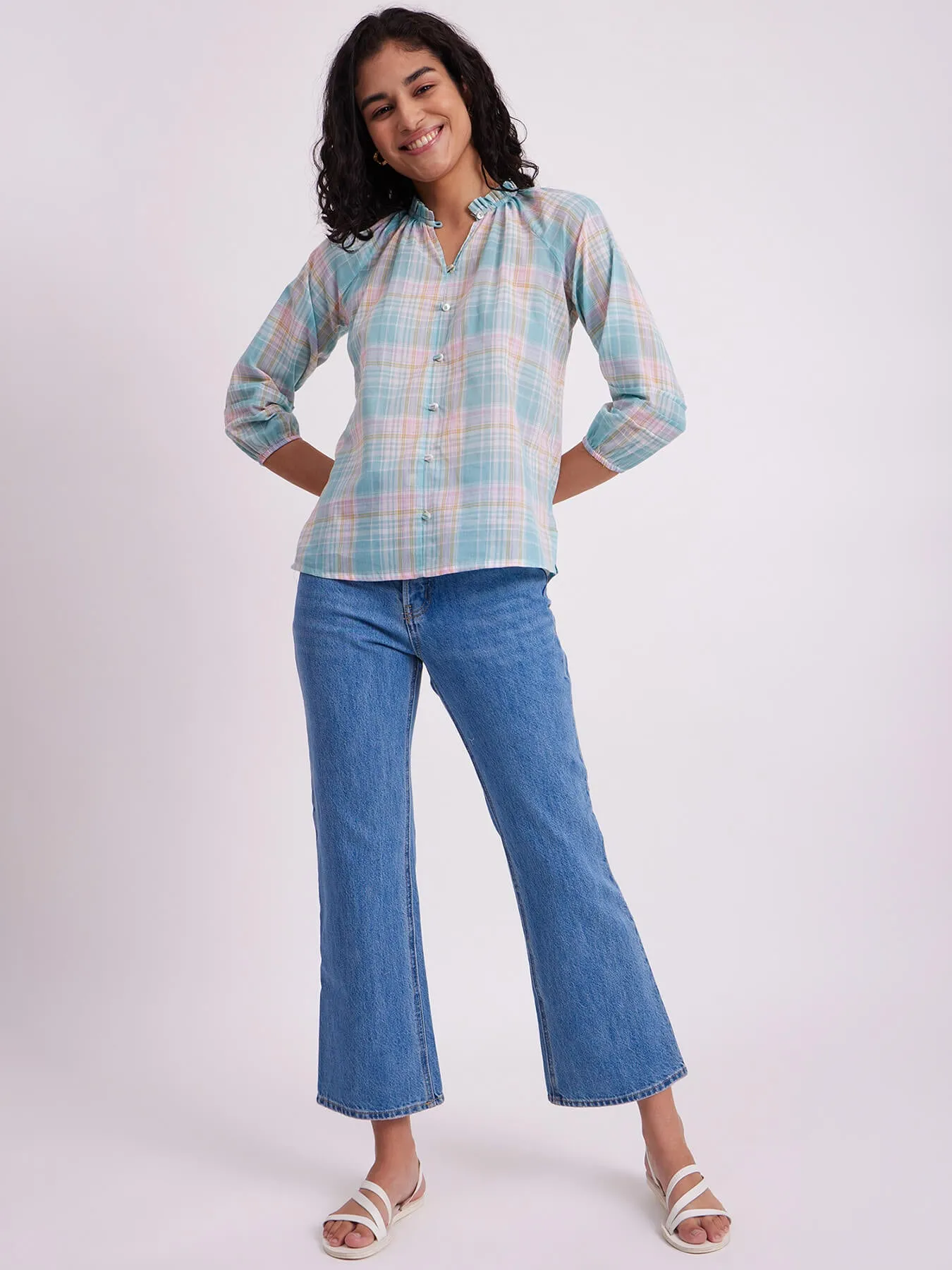 Cotton Checked Ruffle Top - White
