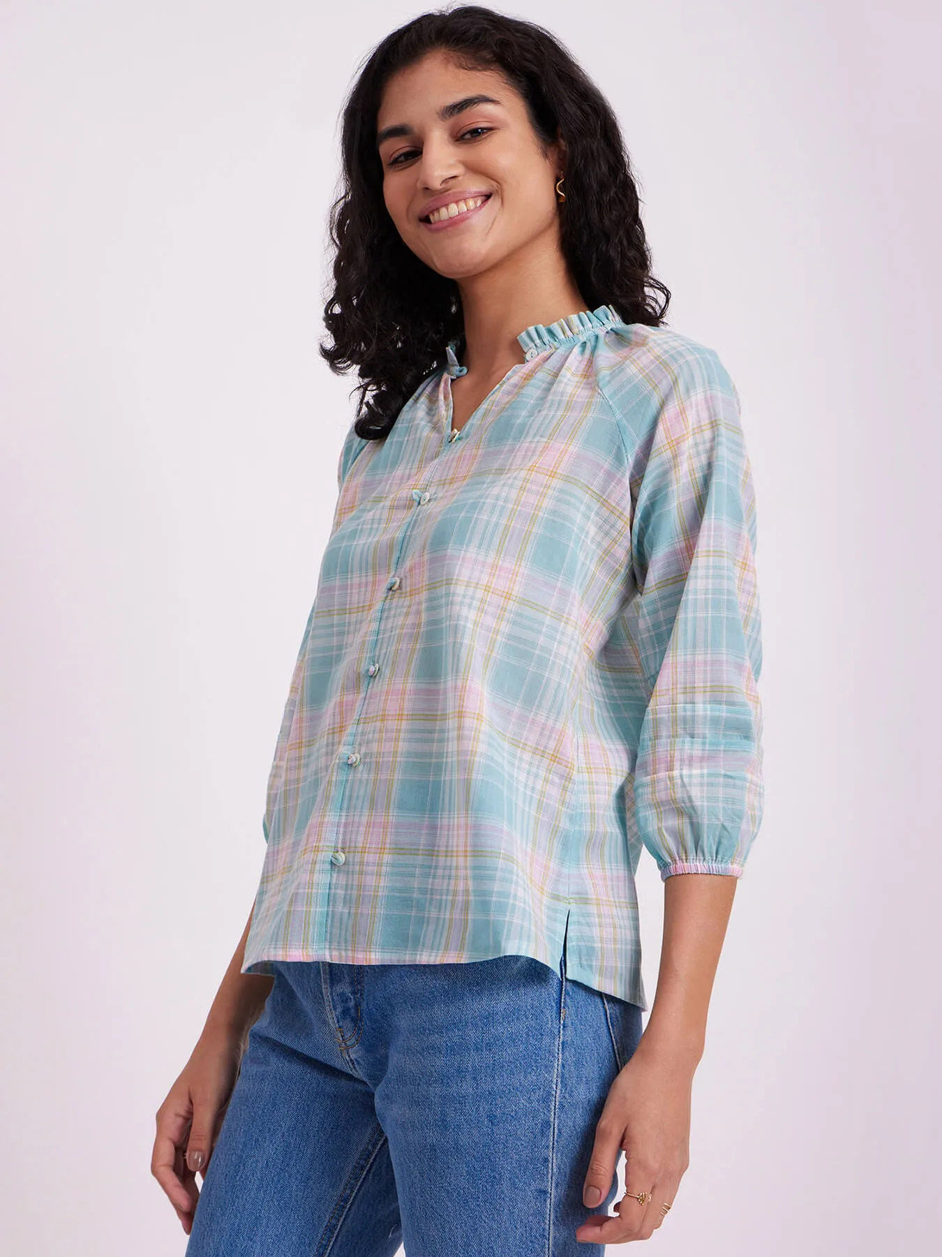 Cotton Checked Ruffle Top - White
