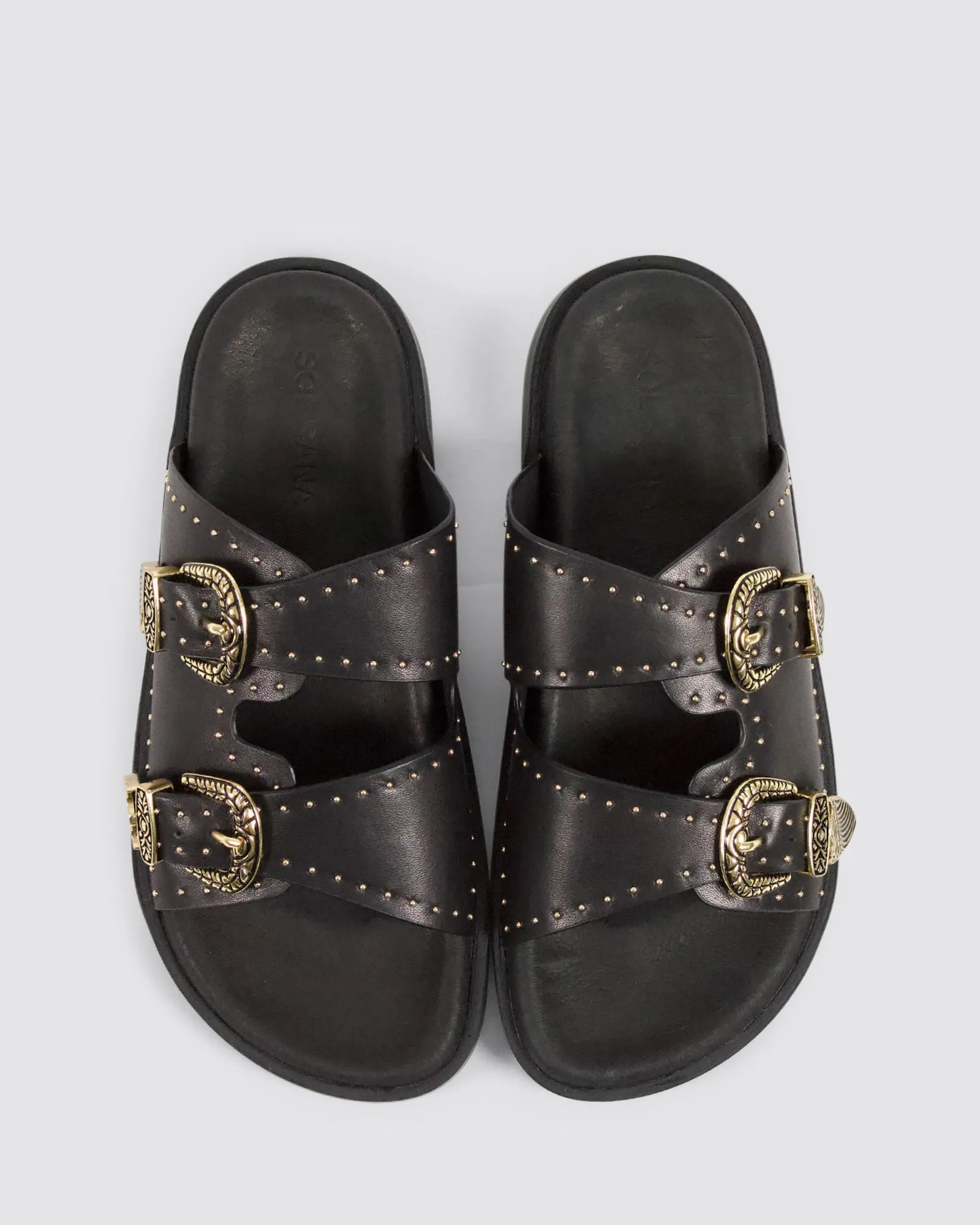 EASTWOOD STUD FOOTBED SANDALS BLACK/GOLD LEATHER