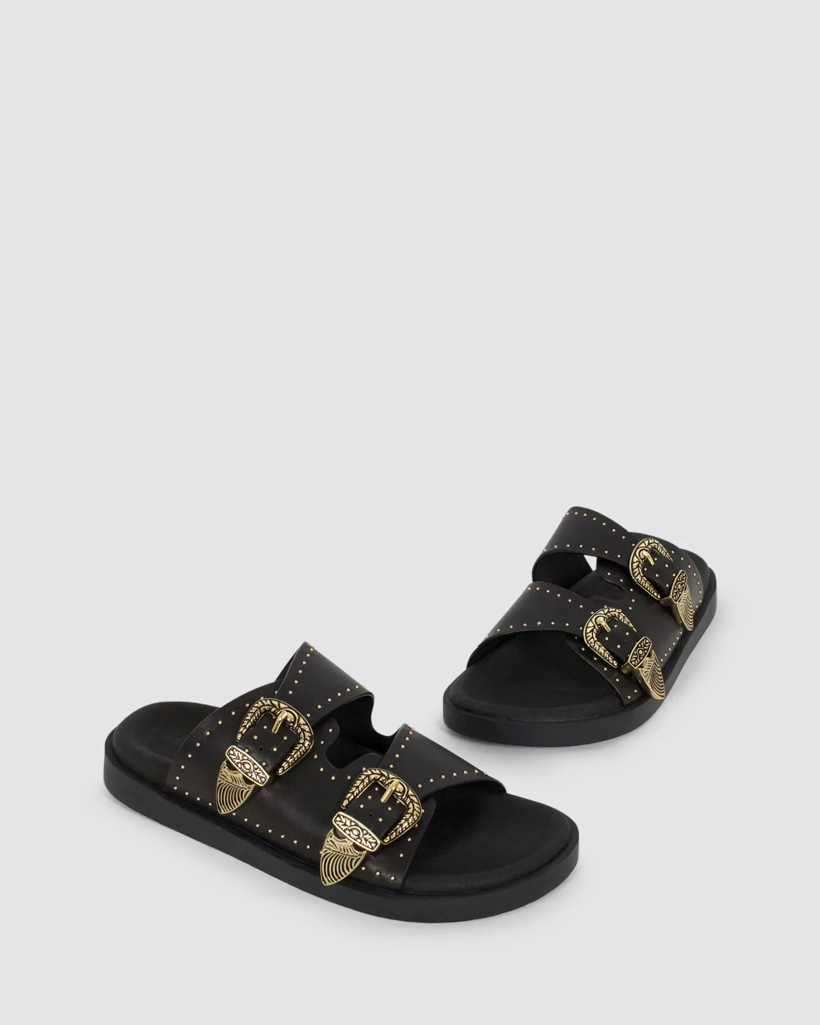 EASTWOOD STUD FOOTBED SANDALS BLACK/GOLD LEATHER