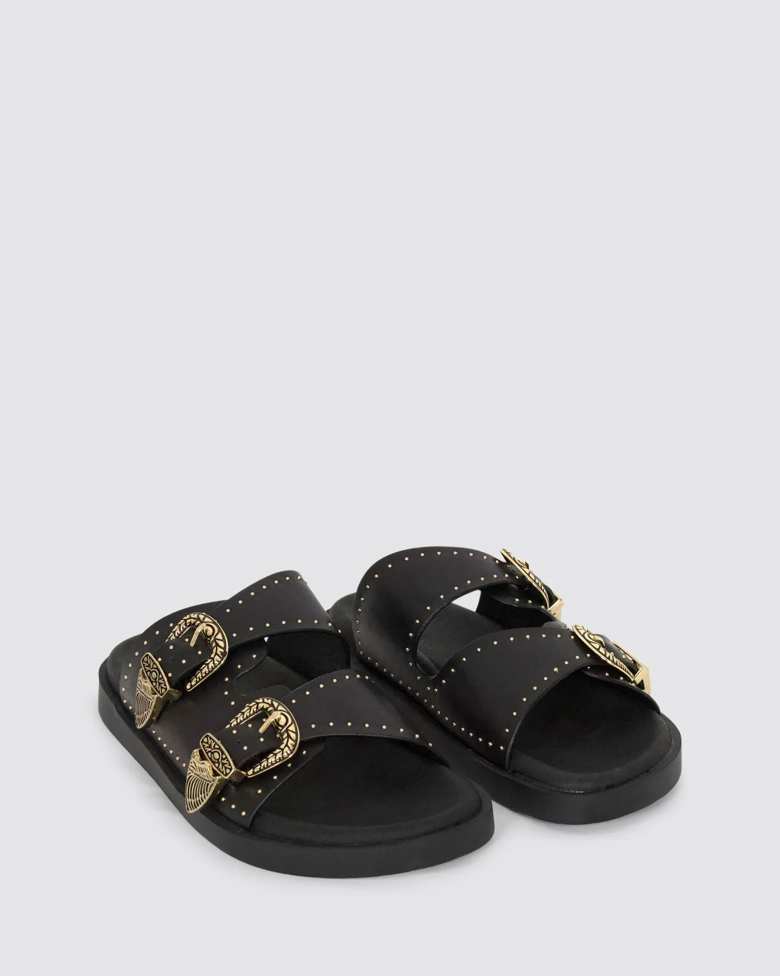 EASTWOOD STUD FOOTBED SANDALS BLACK/GOLD LEATHER