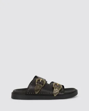 EASTWOOD STUD FOOTBED SANDALS BLACK/GOLD LEATHER