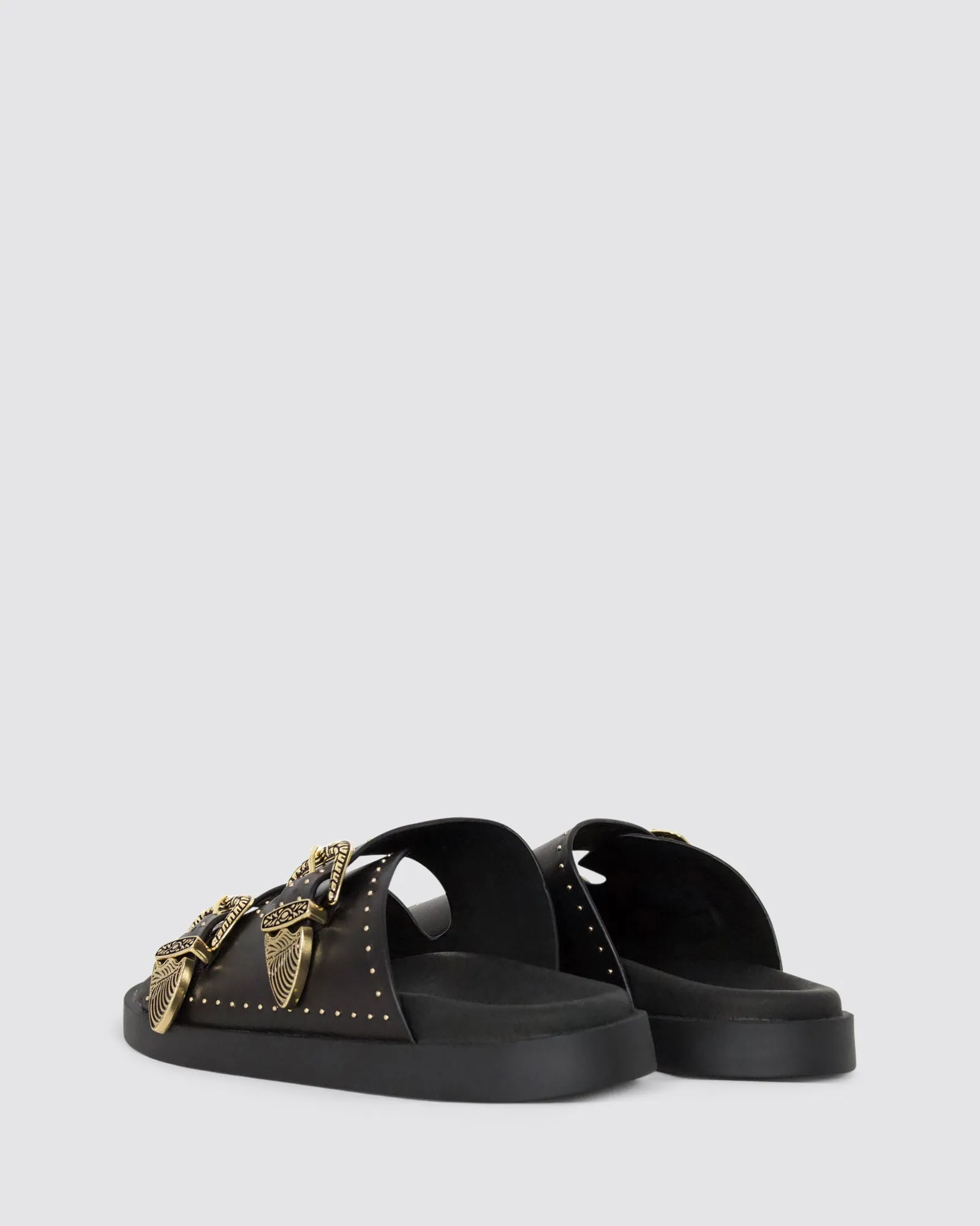 EASTWOOD STUD FOOTBED SANDALS BLACK/GOLD LEATHER