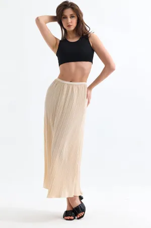 Elegant Pleat Midi Skirt in Soft Beige