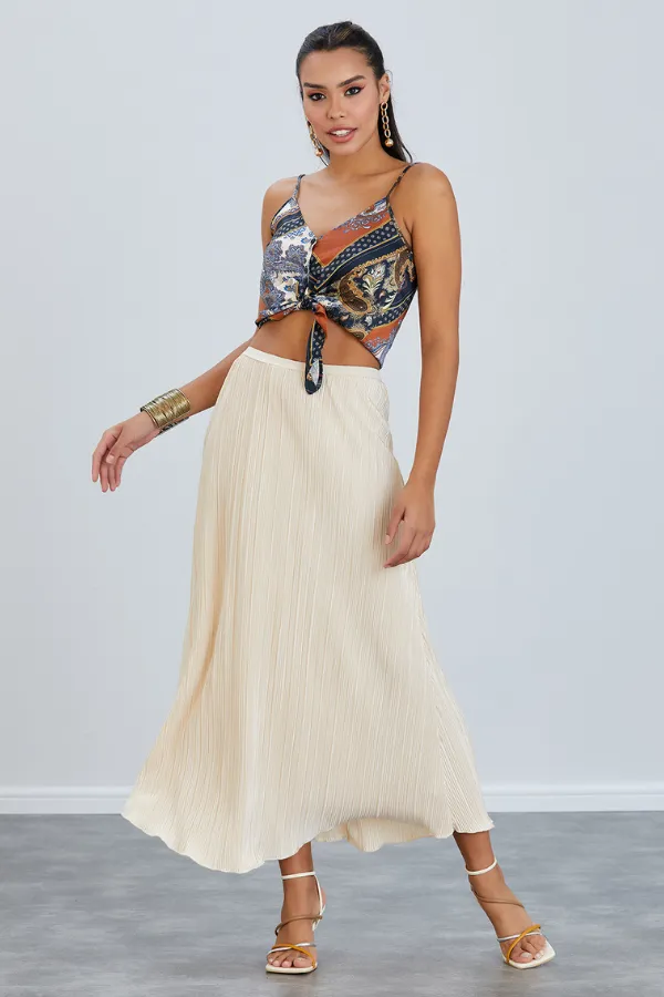 Elegant Pleat Midi Skirt in Soft Beige