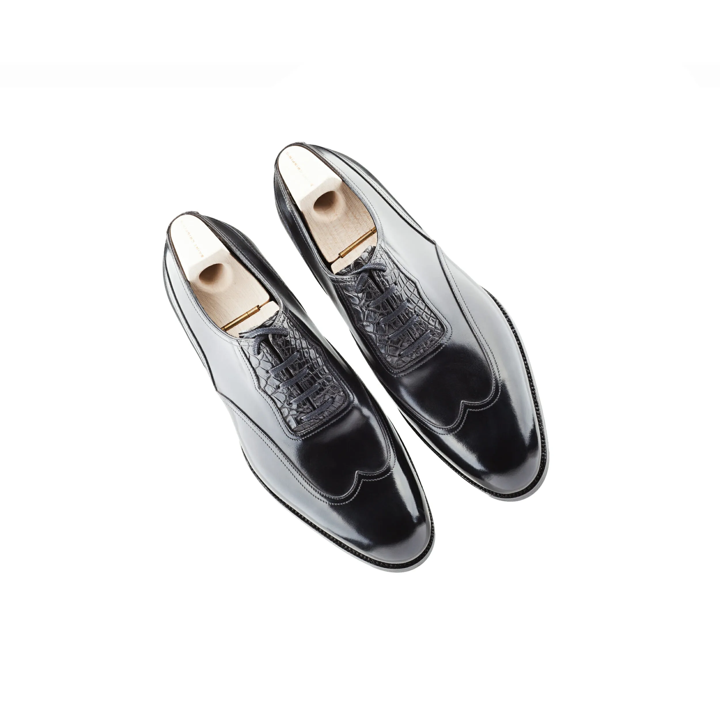 Height Increasing Goodyear Welted Moncorvo Black Leather Croc Print Oxford With Violin Leather Sole