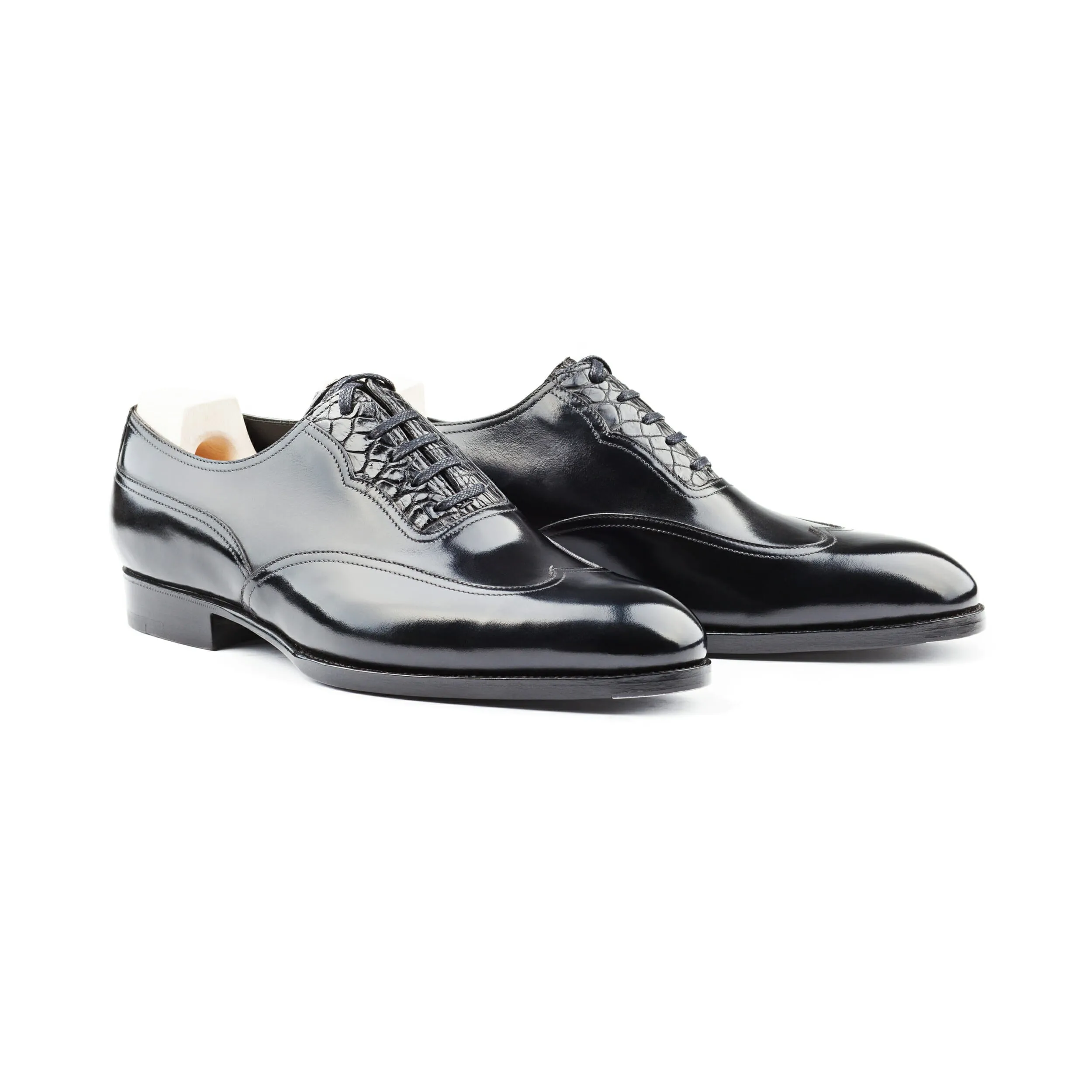Height Increasing Goodyear Welted Moncorvo Black Leather Croc Print Oxford With Violin Leather Sole