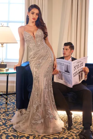 Ladivine Beaded Evening Gown Fitted V-Neck Sheer Prom Dress CC0389