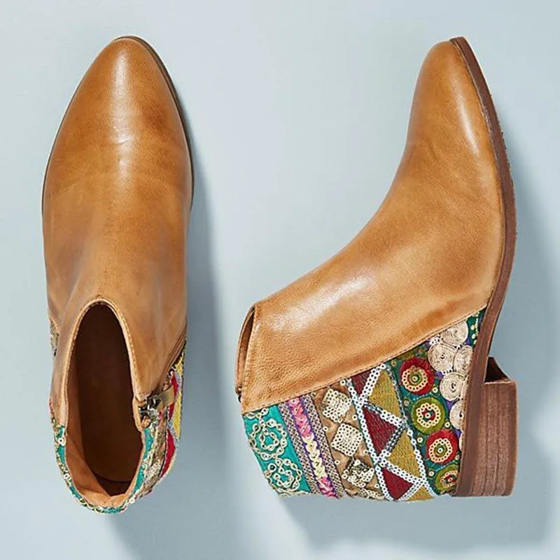 Low Heel Block Yellow Brown Women Mid Boots