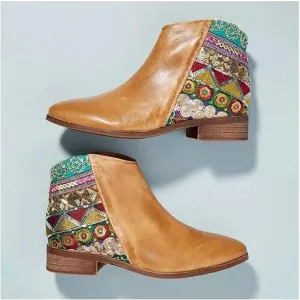 Low Heel Block Yellow Brown Women Mid Boots