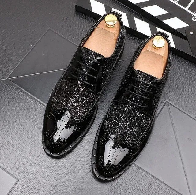 Men gold Brogues patent leather formal dress shoes