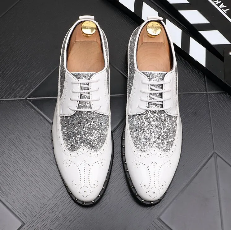 Men gold Brogues patent leather formal dress shoes