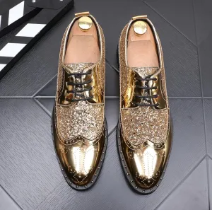 Men gold Brogues patent leather formal dress shoes