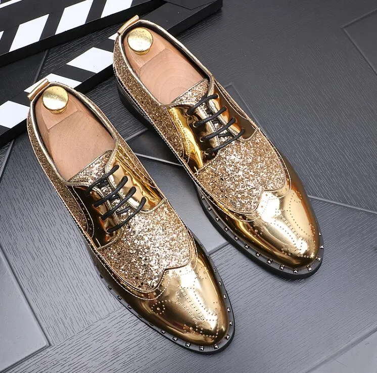 Men gold Brogues patent leather formal dress shoes
