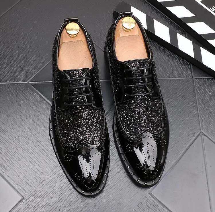 Men gold Brogues patent leather formal dress shoes