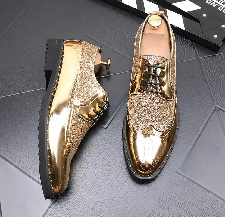 Men gold Brogues patent leather formal dress shoes