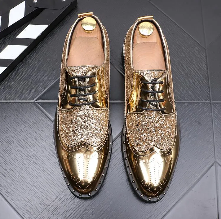 Men gold Brogues patent leather formal dress shoes