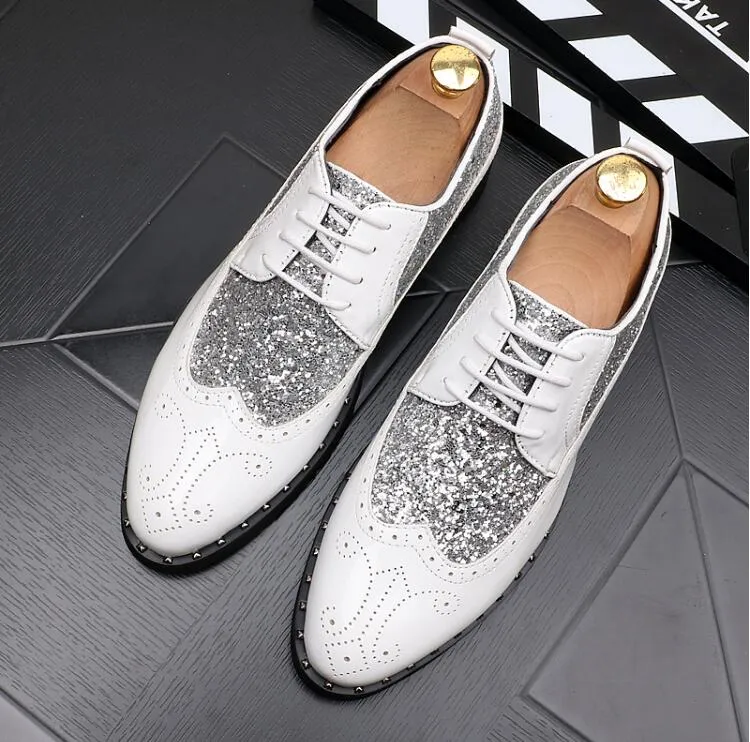 Men gold Brogues patent leather formal dress shoes