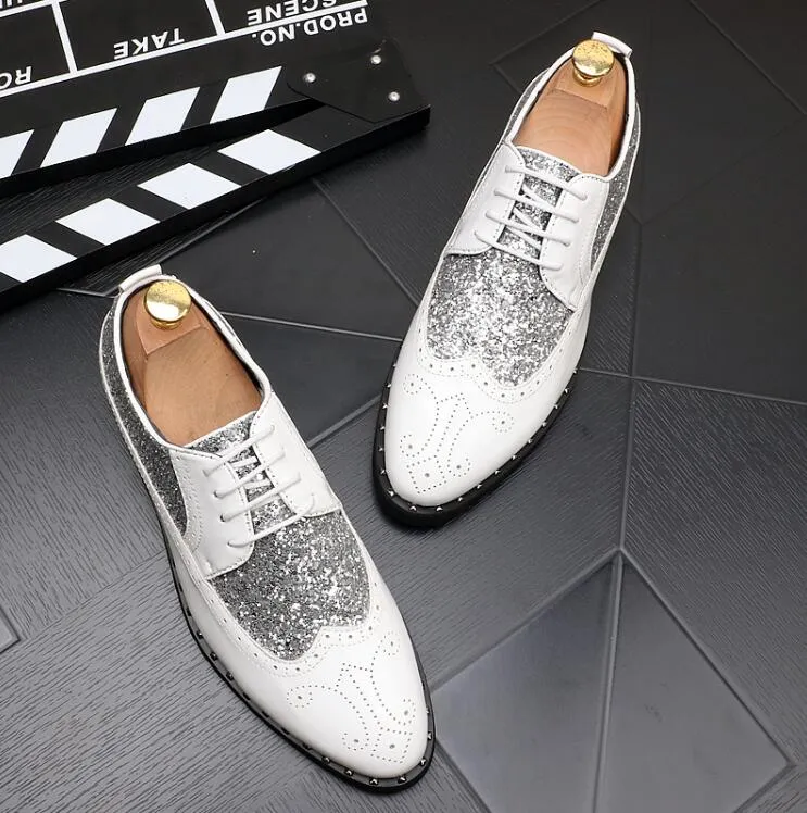 Men gold Brogues patent leather formal dress shoes