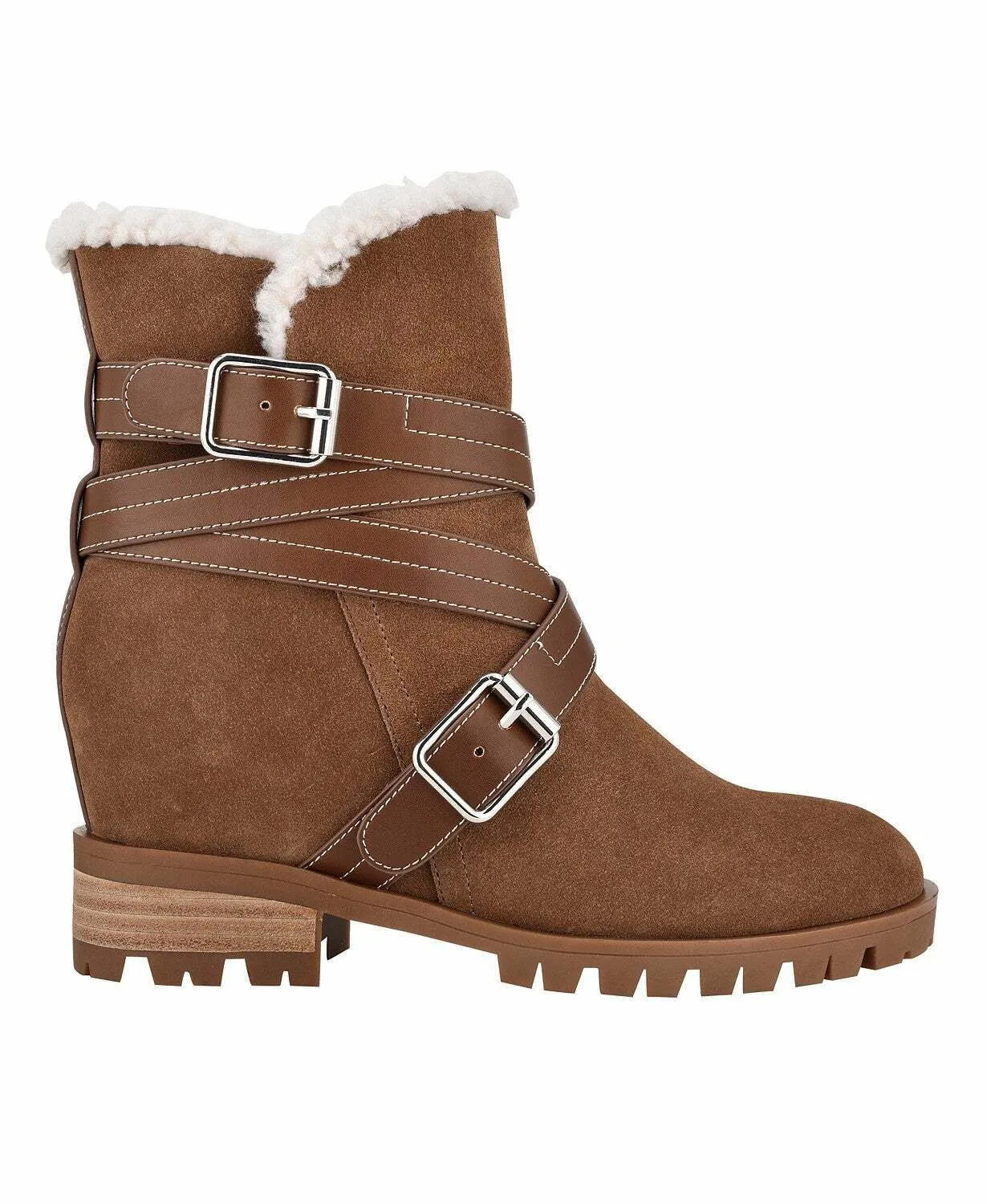 Nine West Davyd Demi Wedge Buckle Faux Fur Booties  Color Brown Suede Size 9M