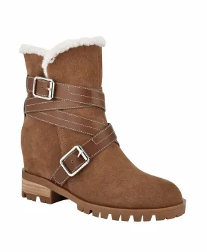 Nine West Davyd Demi Wedge Buckle Faux Fur Booties  Color Brown Suede Size 9M
