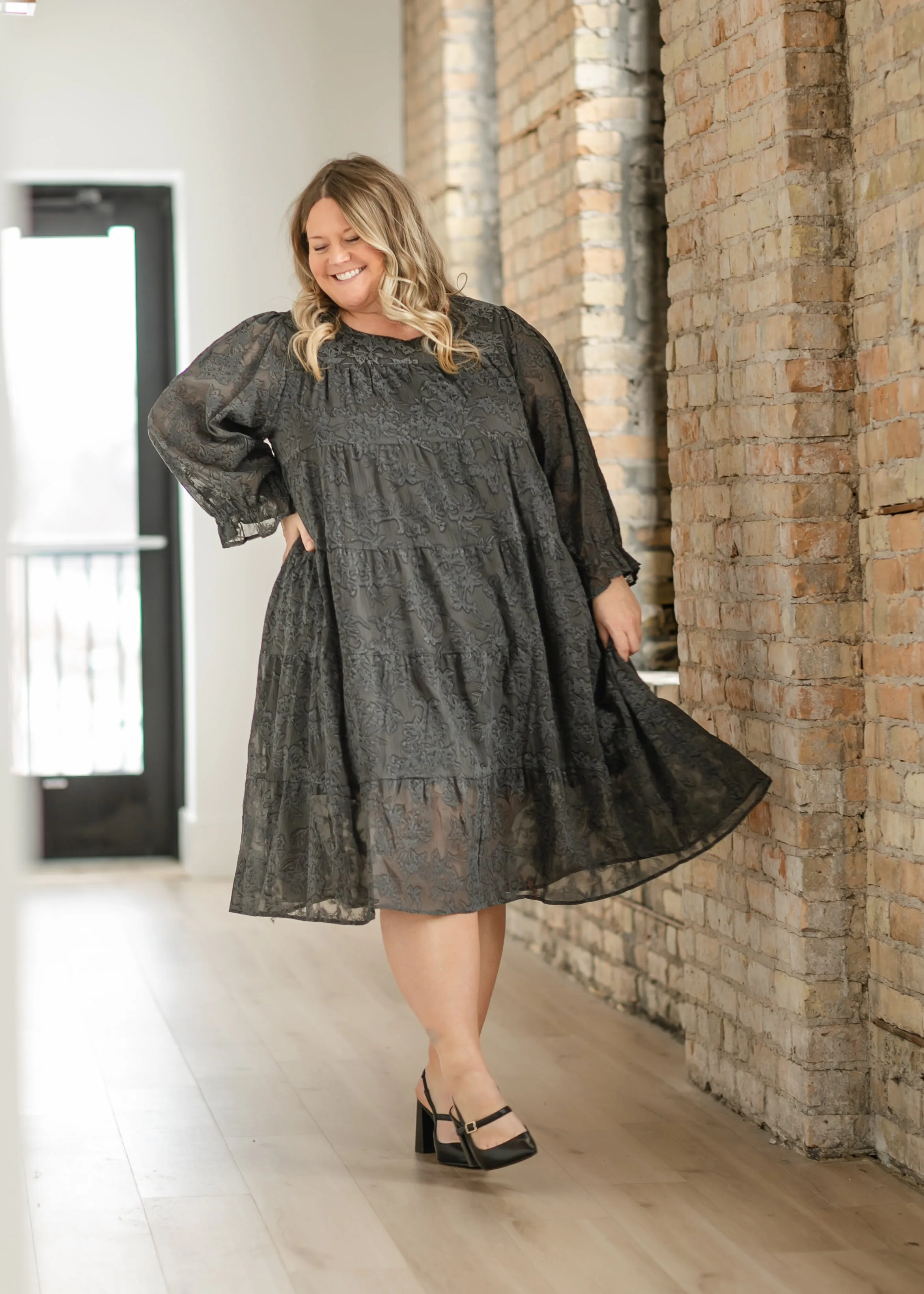 Printed Velvet Textured Floral Tiered Dress