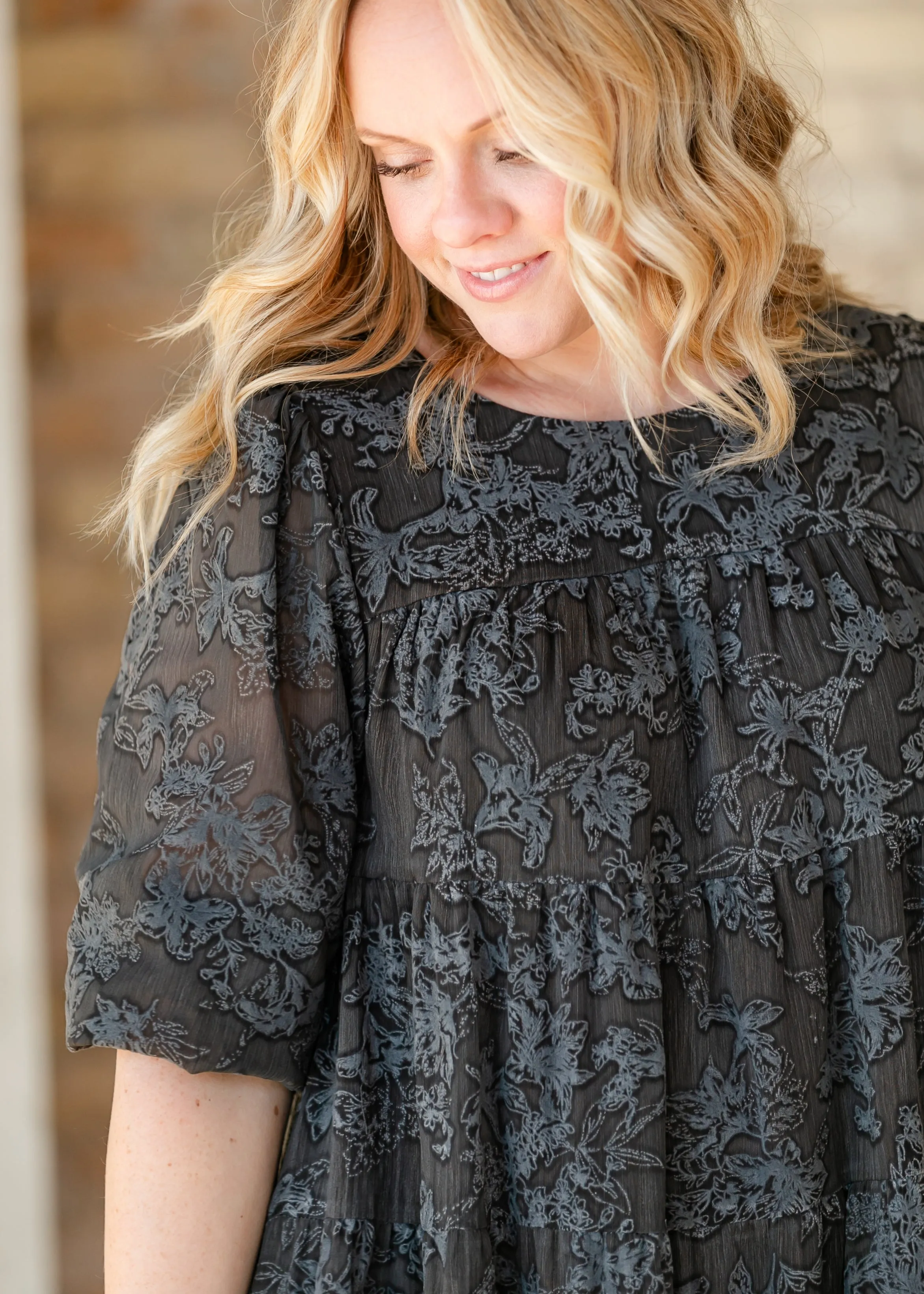 Printed Velvet Textured Floral Tiered Dress