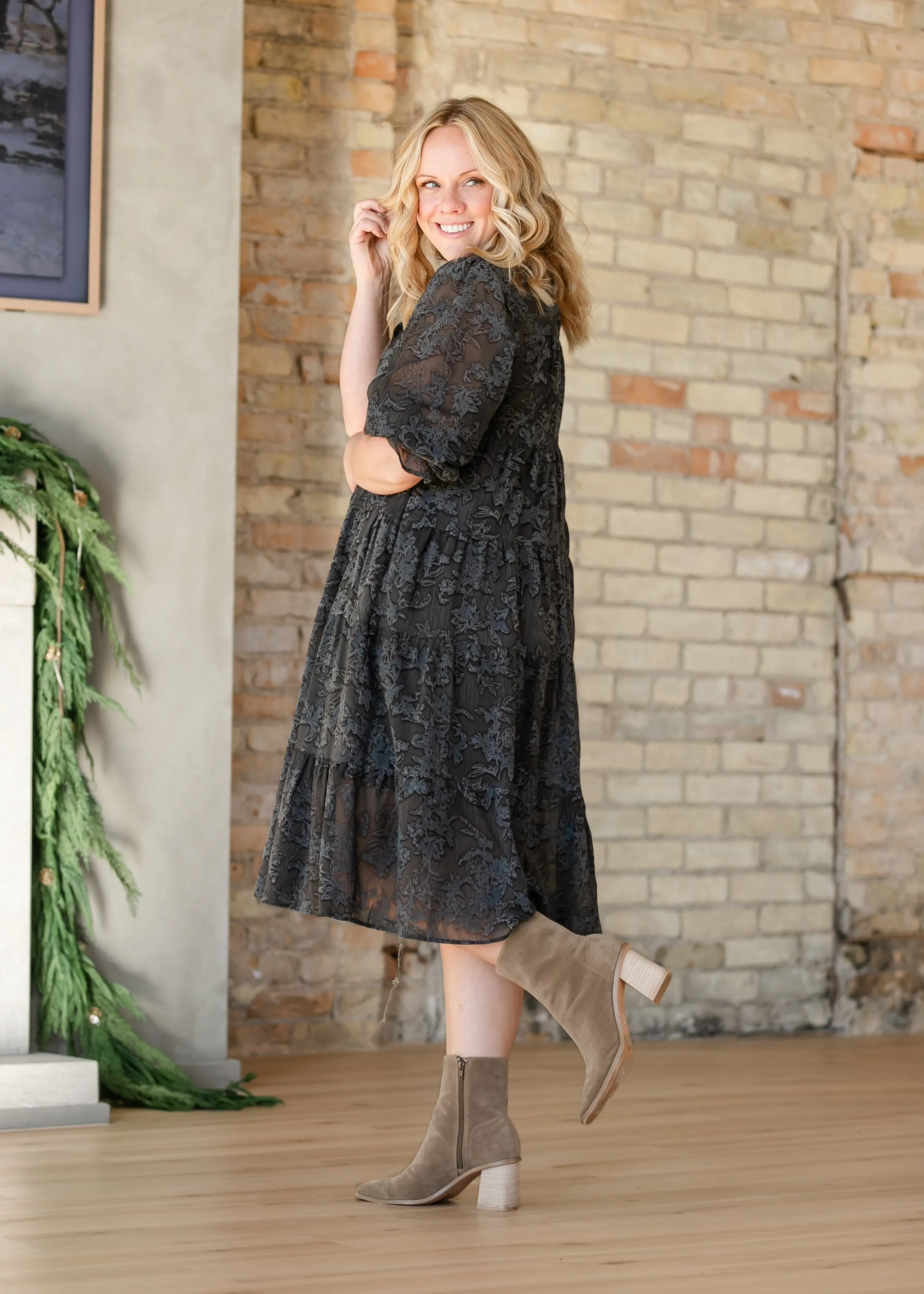 Printed Velvet Textured Floral Tiered Dress