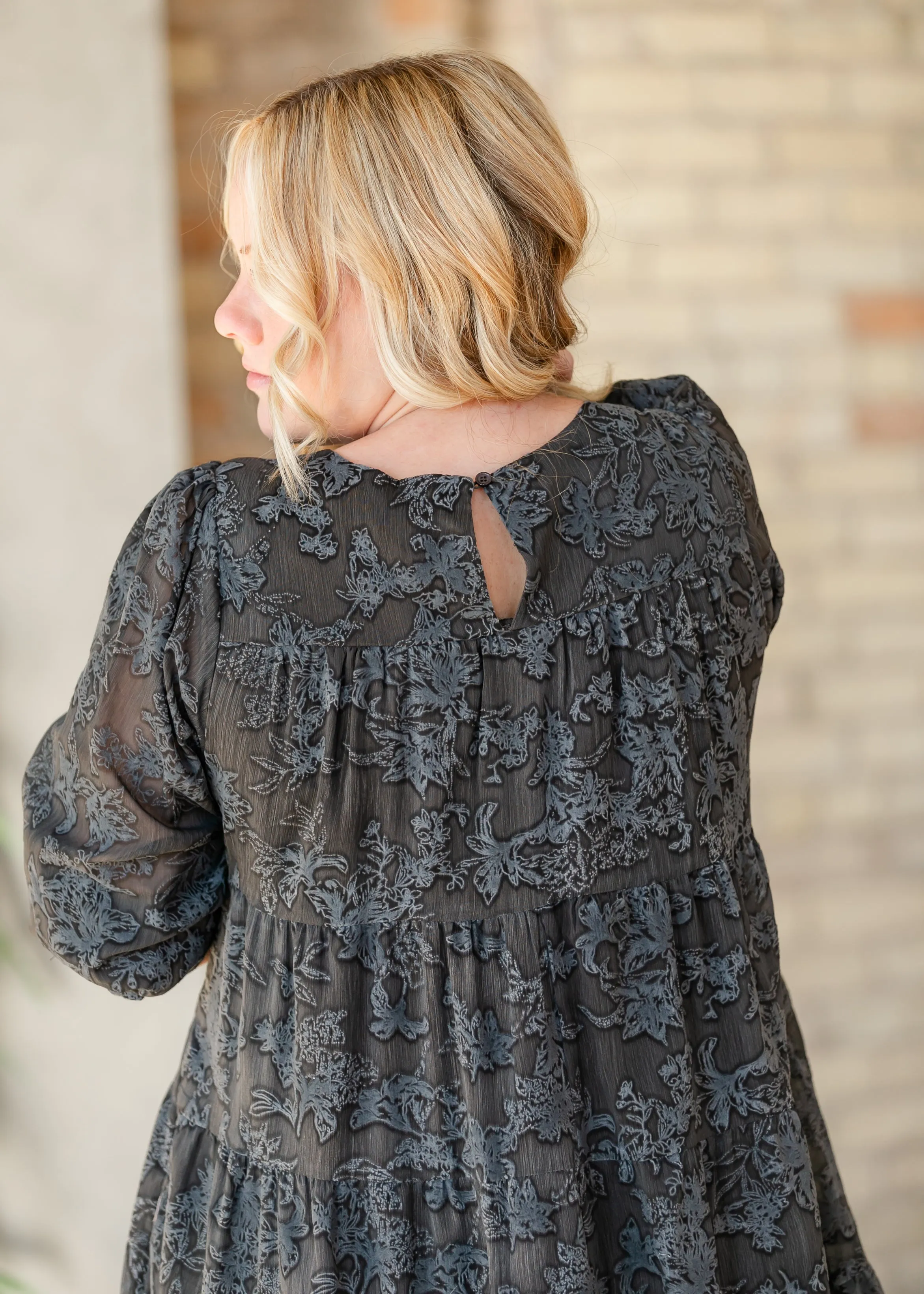 Printed Velvet Textured Floral Tiered Dress