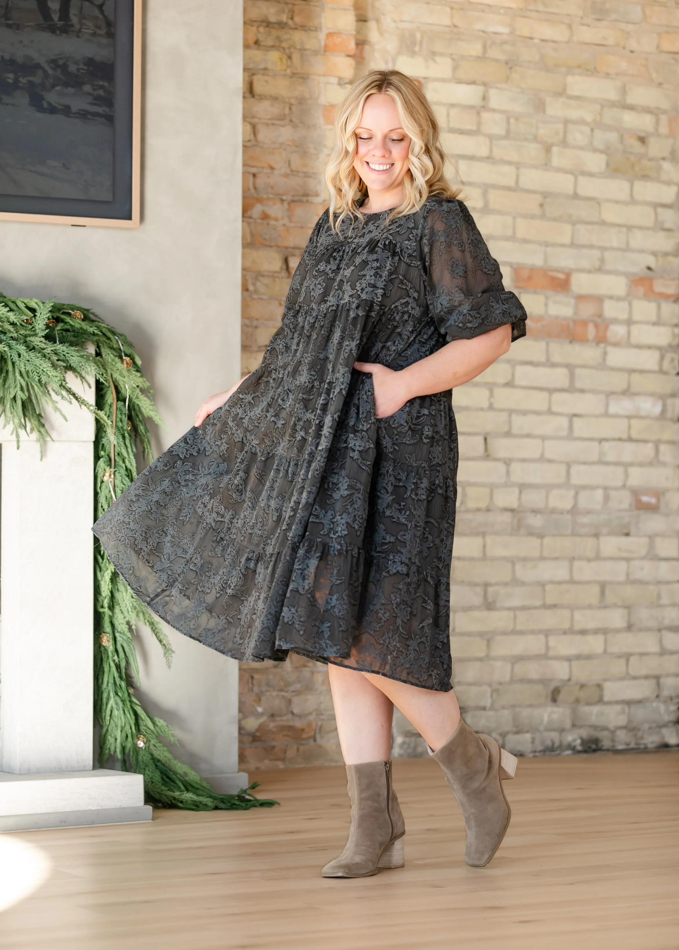 Printed Velvet Textured Floral Tiered Dress