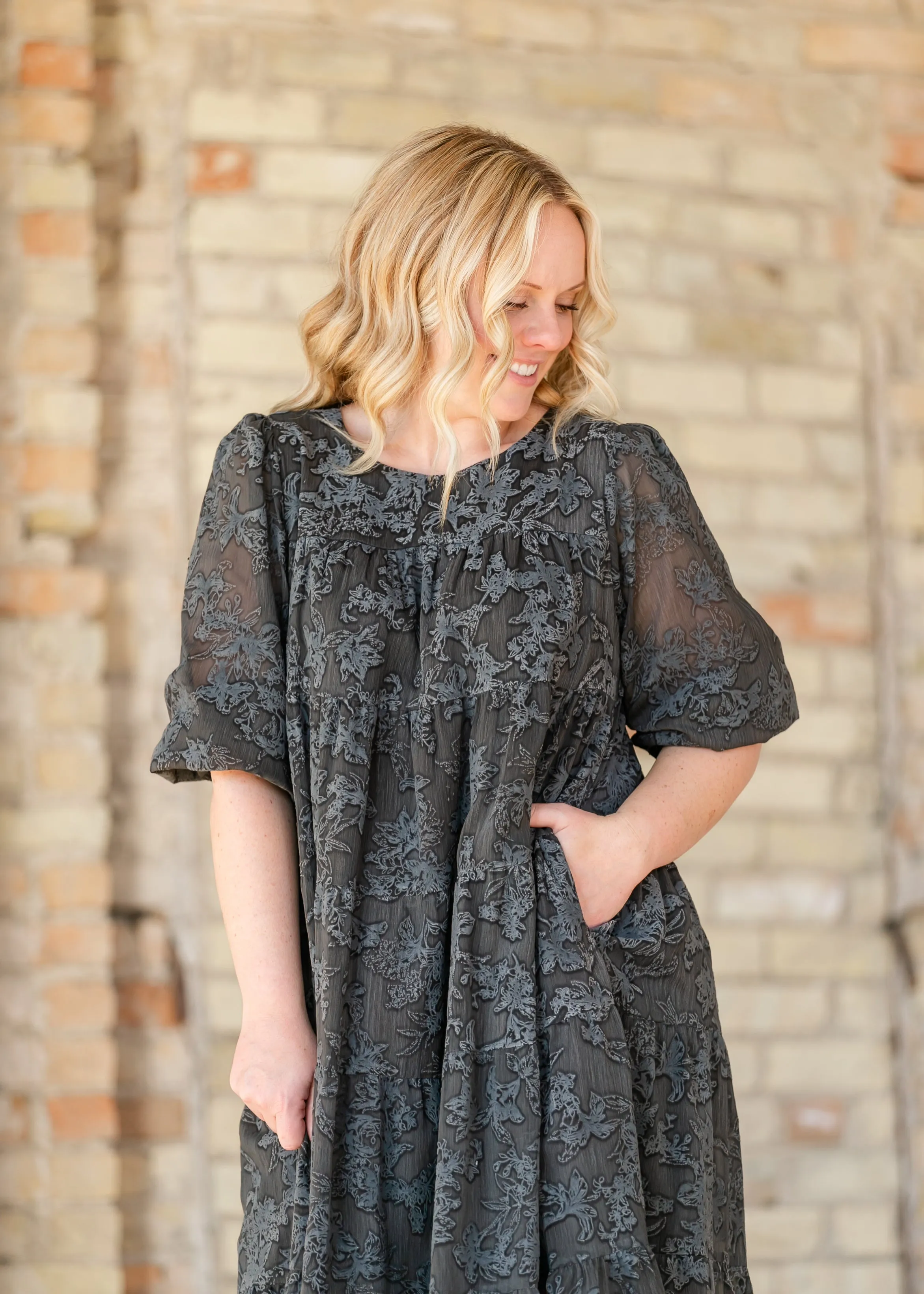 Printed Velvet Textured Floral Tiered Dress