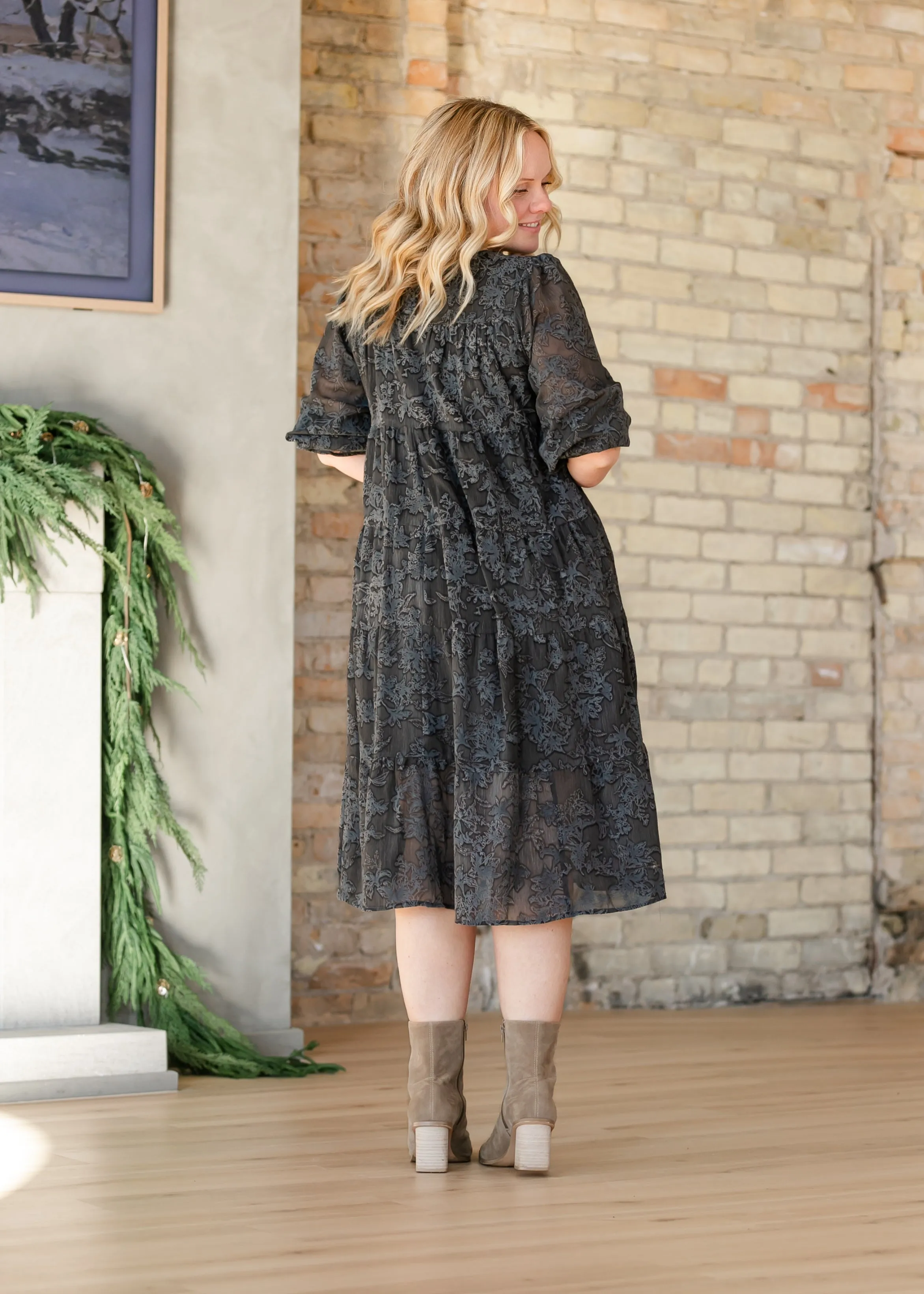 Printed Velvet Textured Floral Tiered Dress