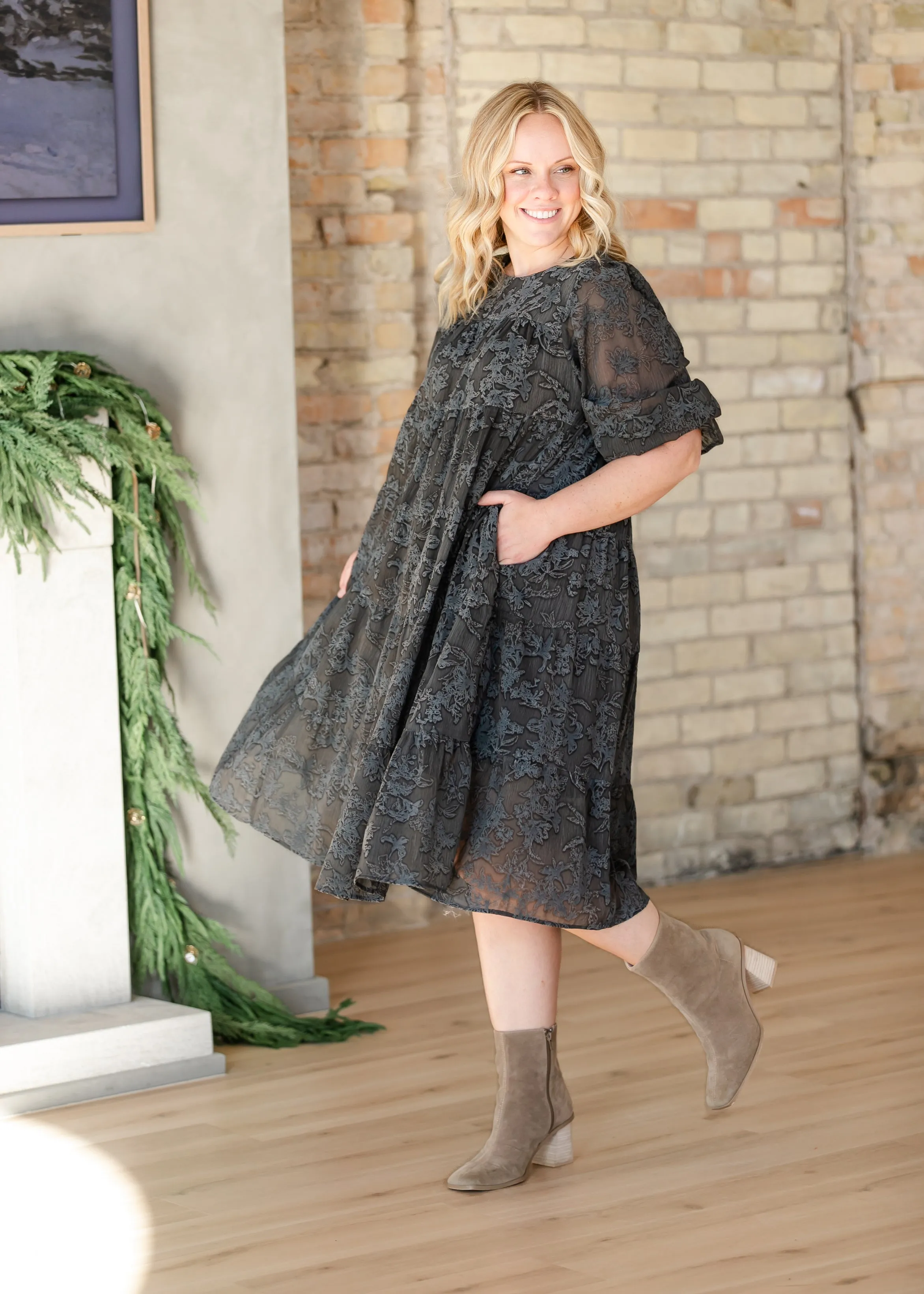 Printed Velvet Textured Floral Tiered Dress