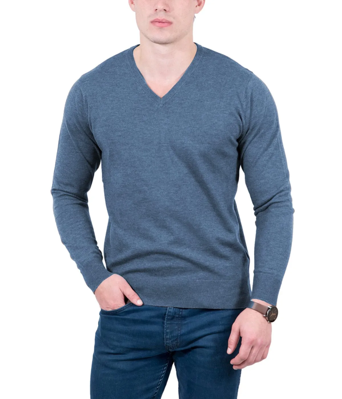 Real Cashmere Light Blue V-Neck Cashmere Blend Mens Sweater