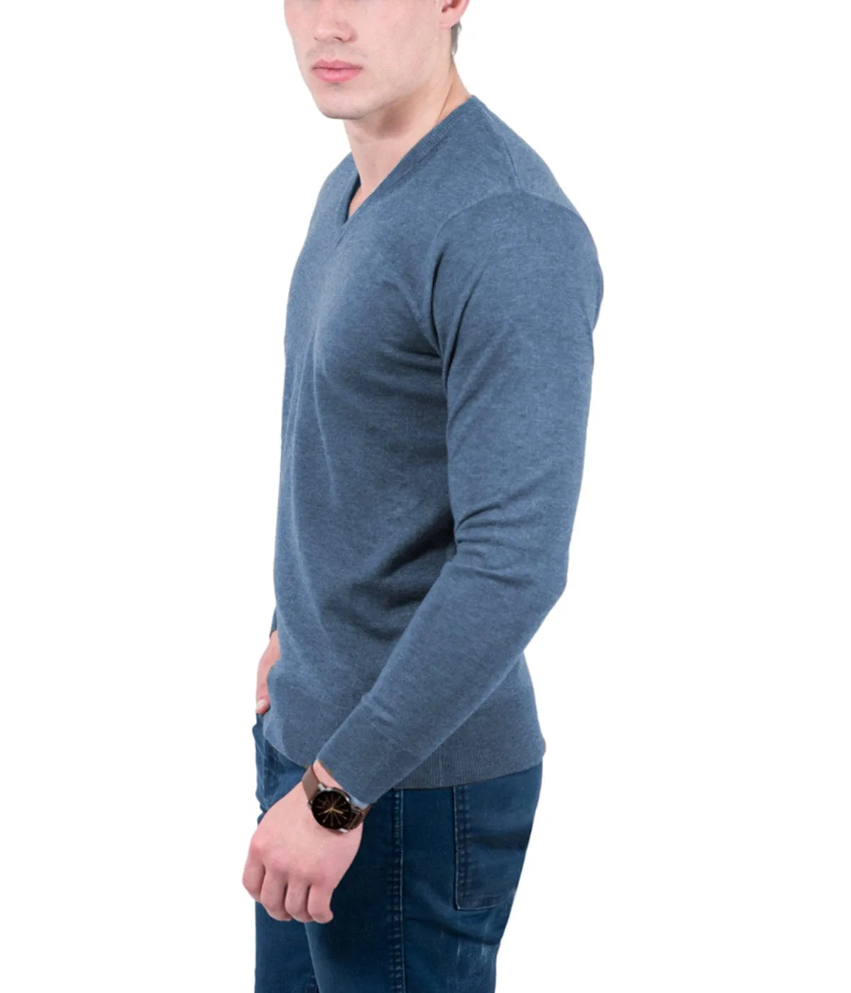 Real Cashmere Light Blue V-Neck Cashmere Blend Mens Sweater
