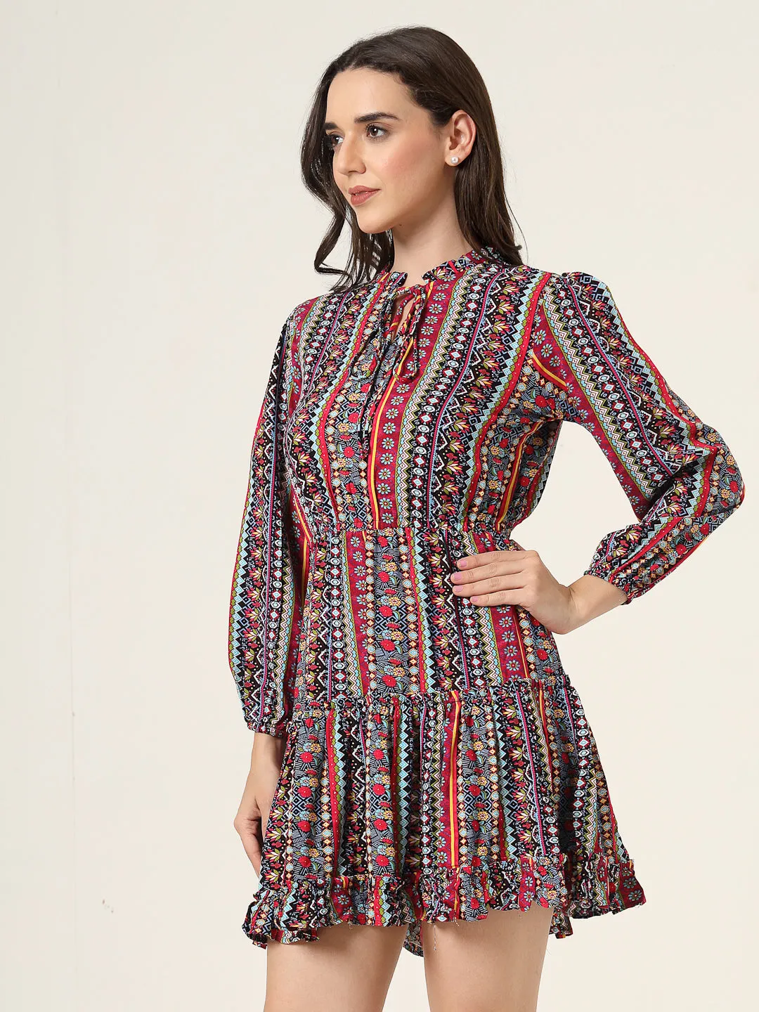 Style Quotient Women Multi Floral Printed Smart Casual Blouson Mini Dress