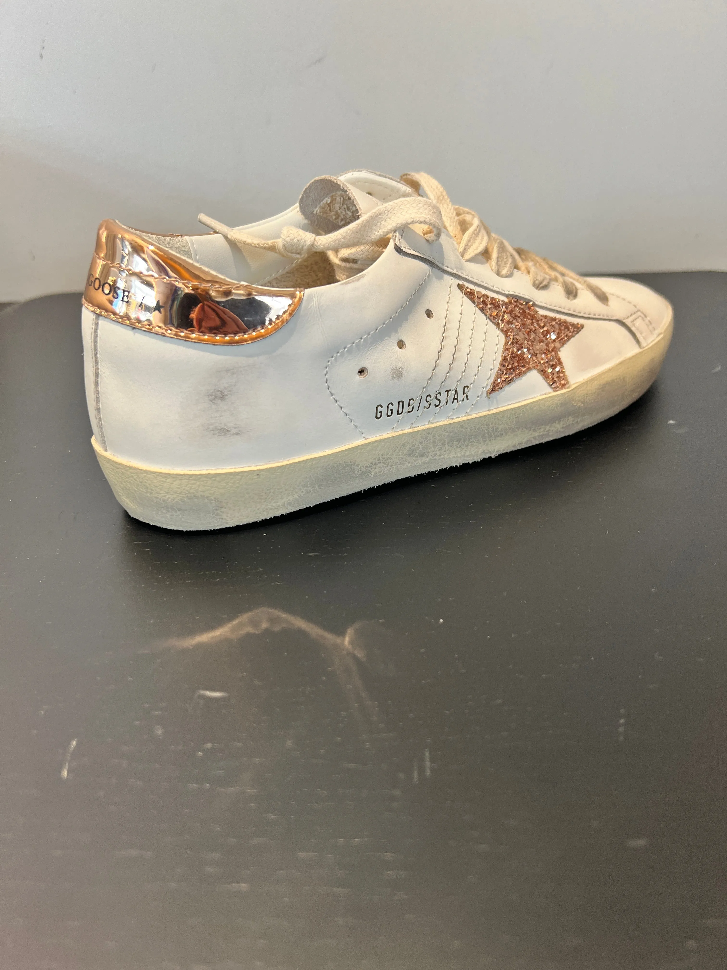 Superstar Leather - White/Pink Glitter Star/Antique Rose Heel