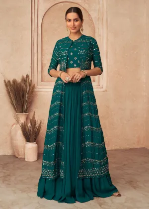 Teal Blue Chinon Silk Party Wear Lehenga Choli with Jacket
